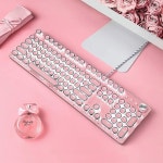 치첸 레트로 스팀펑크 타자기 스타일 게이밍 키보드, 블루 스위치, 퓨어 화이트 백라이트, USB 유선, PC 노트북 데스크톱용, 스타일리시한 핑크... 