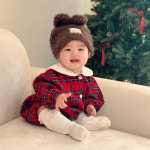 유아 50일 100일 돌 아기 겨울 기모 카라 바디수트 해피 크리스마스 체크 슈트 : 미뇽.mignon