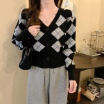 아가일 니트 브이넥 올매치 레저 대학생 스타일 우아한 여성 스키니 무늬 가디건 빈티지 : bbo직구나라