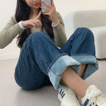 웜블루 벨벳 기모 워싱 세미 와이드 데님팬츠 A0247 : 어썸하비