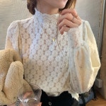 여자 레이스티셔츠 망사 블라우스티 시스루 러블리 소매러플 이너 캐주얼 반목 반폴라 긴팔티 : 앳홈샵