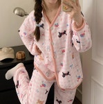 귀여운 강아지 에어 코튼 가벼운 긴팔 누빔 잠옷 (핑크 체크) 겨울 브이넥 댕댕이 잠옷 : 모도리 다소니