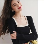 여성 신상 스퀘어넥 니트 스웨터 데일리룩 봄가을 긴팔 니트티 ACC0117Re7 : 유한회사 위수노무역