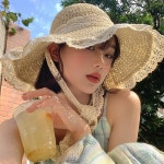 밀짚모자 휴양지모자 레이스 챙넓은 턱끈 라피아모자 : 꿈꾸는 생활