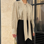 긴팔 블라우스 셔츠 도트 땡땡이 리본 스트링 카라 넥타이 리본 벌룬 퍼프 하김-블라우스 : 채진담