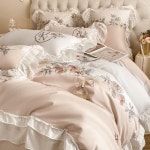 레이스이불커버 프릴 침구 차렵이불 4종 세트 프렌치 로맨스(핑크와 화이트) 1.5m시트4점세트/이불커버200x230cm : 홈엑서