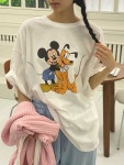 박시 루즈핏 코튼 디즈니 미키마우스 프린트 옆트임 반팔 티셔츠 라이센스 : eyedoll