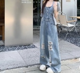와이드 멜빵 청 홀터 점프슈트 : 비치나다.