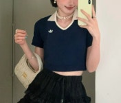 아디다스 오리지널 노타이틀 라펠 크롭 네이비 반팔 티셔츠 IN1083 : ABC 월드마켓
