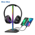 새로운 Bee Z8 RGB 헤드폰 스탠드 홀더 2개의 USB 포트 포함 데스크 게임용 헤드셋 쿨 디스플레이 홀더 게이머용 미끄럼 방지 고무 베이스... 