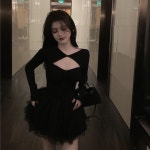 슬림 가슴트임 긴팔 A라인 메쉬 프릴 숏 스커트 원피스 발레코어 데이트 올블랙 드레스 : 메디치WJ