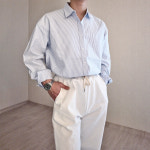 남성 루즈핏 스트라이트 셔츠 오버핏 긴팔 남방 캐주얼 클래식 라이트블루, M : 제네라 ZENELA