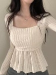 크롭면티 아이보리티셔츠 여리핏 캐주얼 스퀘어넥 봄신상 : Howdee