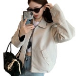 스타일 스트라이프 양면 숏 재킷 긴팔 루즈 숏 점퍼 : 배불