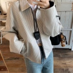 스타일 스트라이프 양면 숏 재킷 긴팔 루즈 숏 점퍼 : 배불