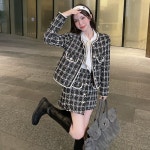 여성 봄 가을 노카라 트위드 자켓 미니 스커트 투피스 세트 하객룩 블루 블랙 : 파라컴