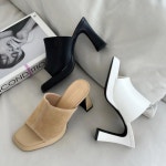 [J1041] 새로이클라쓰 소가죽 스웨이드 스퀘어 오픈토 미들힐 뮬 힐 슬리퍼 : 새로이클라쓰