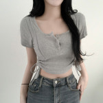 캣츠 라운드 스퀘어넥 골지 핀턱 또또 스냅 단추 버튼 옆 셔링 크롭 반팔 반소매 티셔츠 : 로즈버블