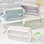 핸드헬드 이중 레이어 투명 필통 펜 가방 문구류 학교용 타격 컬러 사각형 보관 파우치 F7473 : 지장보살