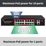16개의 POE 포트 + 2기가비트 100Mbps, 내장 1 업링크, 관리되지 SFP, x 250미터까지 전원, 240W 1.25G 플레이 제공 6 Ports|52W 4xPoE... 