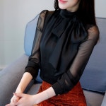 시스루 정장 왕리본 블라우스 스카프 하객룩 아나운서 검은색 S : 글로벌쿵치따치