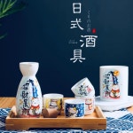 간바레오또상 도쿠리 사케잔 4개 찻잔 술잔 술병 유리 행운의 아츠캉 위스키 머니캣 1포트 4컵 : 젤리피쉬몰