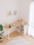 원목 코너 책상 책장 세트 코너 기역자 컴퓨터 테이블 모서리 하부 책꽂이 탁자 하오웨 화이트 120 라이트 그리드 : De.mure