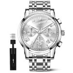 탁소 남성용 고급형 다기능 방수 시계 빅페이스 아날로그 쿼츠 스테인리스 스틸 실버 남성용 손목 시계 크로노그래프, 날짜 발광 기능 : 돈비영덥