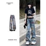 여자 낙서 프린트 청바지 와이드 플로럴 하이라이즈 클럽 J1279 귀여운 플레어 제작 : 나기마켓