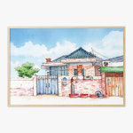 빨간 고무대야가 늘어선 시골집, 땡란 작가 인테리어 거실 그림 액자 : 라이크디즈