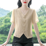 MMXFS014 여성 반팔 여름 셔츠 숏 브이넥 린넨 면마 블라우스 상의 : 빅사이즈 의류 신발 전문
