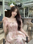 찰랑 롱 원피스 젠틀 식 스위트 여성 여름 슬리밍 플로럴 드레이프 커버 미트 스커트 : LA총각