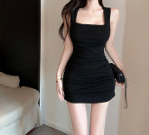 블랙 민소매 스퀘어넥 슬림핏 파티 원피스 섹시 미니 원피스 파티룩 클럽 복장 홀복 : 무아브