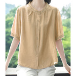MMXFS015 여성 반팔 여름 셔츠 라운드 린넨 면마 블라우스 상의 : 빅사이즈 의류 신발 전문