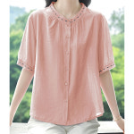 MMXFS015 여성 반팔 여름 셔츠 라운드 린넨 면마 블라우스 상의 : 빅사이즈 의류 신발 전문