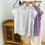 MMXFS013 여성 반팔 여름 라운드 루즈핏 린넨 면마 블라우스 상의 : 빅사이즈 의류 신발 전문