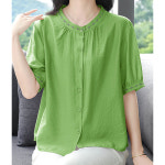 MMXFS015 여성 반팔 여름 셔츠 라운드 린넨 면마 블라우스 상의 : 빅사이즈 의류 신발 전문