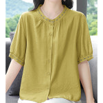 MMXFS015 여성 반팔 여름 셔츠 라운드 린넨 면마 블라우스 상의 : 빅사이즈 의류 신발 전문
