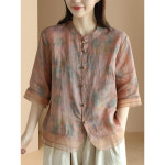 MMXFS004 여성 반팔 여름 셔츠 플라워 린넨 면마 블라우스 상의 : 빅사이즈 의류 신발 전문