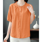 MMXFS015 여성 반팔 여름 셔츠 라운드 린넨 면마 블라우스 상의 : 빅사이즈 의류 신발 전문