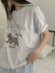 여름 고양이 프린팅 반팔티 루즈핏 라운드넥 면 반팔 티셔츠 : 더모어드