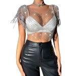 여성 라인스톤 크롭 탑 스파클리 바디 체인 피쉬넷 프린지 숄더 탱크 크리스탈 파티 클럽웨어를 통해 볼 수 있습니다 18-black : Ccaso