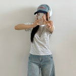 아우아(AUA) [3컬러] 데일리 슬림 스트라이프 반팔티 / 여름 기본티 화이트, FREE(One size) : 아우아AUA