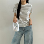 아우아(AUA) [3컬러] 데일리 슬림 스트라이프 반팔티 / 여름 기본티 화이트, FREE(One size) : 아우아AUA