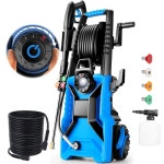 전기 압력 세척기 5000 PSI 3.0 GPM 조절 가능 압력, 33피트 호스, 노즐... 구동되는 전동 세척기, 가정용, 자동차용, 호스 릴 블루 : 자성아이