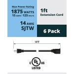 블랙, 1피트 익스텐션 6팩, 14AWG UL 3프롱 5-15P에서 DS-1L 15A 5-15R, 나열됨 DS-CQ 라이트키위 파워 SJTW 코드, 1875W, NEMA 125V... 