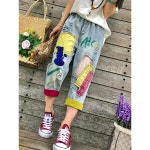 여름 얇은 아플리케 자수 밴딩 허리 찢어진 와이드 빅 사이즈 청바지 여9부 팬츠 : 큐포유