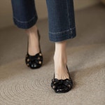 프렌치 스타일 통굽 구두 프랑스 여성화 에나멜 가죽 라운드 투 리본 싱글 슈즈 한쪽 다리 : 프리브몰