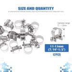 Glarks 12팩 11 13mm 스테인리스 스틸 미니 주입 호스 클램프 조절 가능한 파이 : 사이란