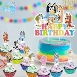 Bluey 25 생일 파티 블루 케이크 장식 만화 빙고 컵케익 탑 축하 어린이 디저트 : 파벳
